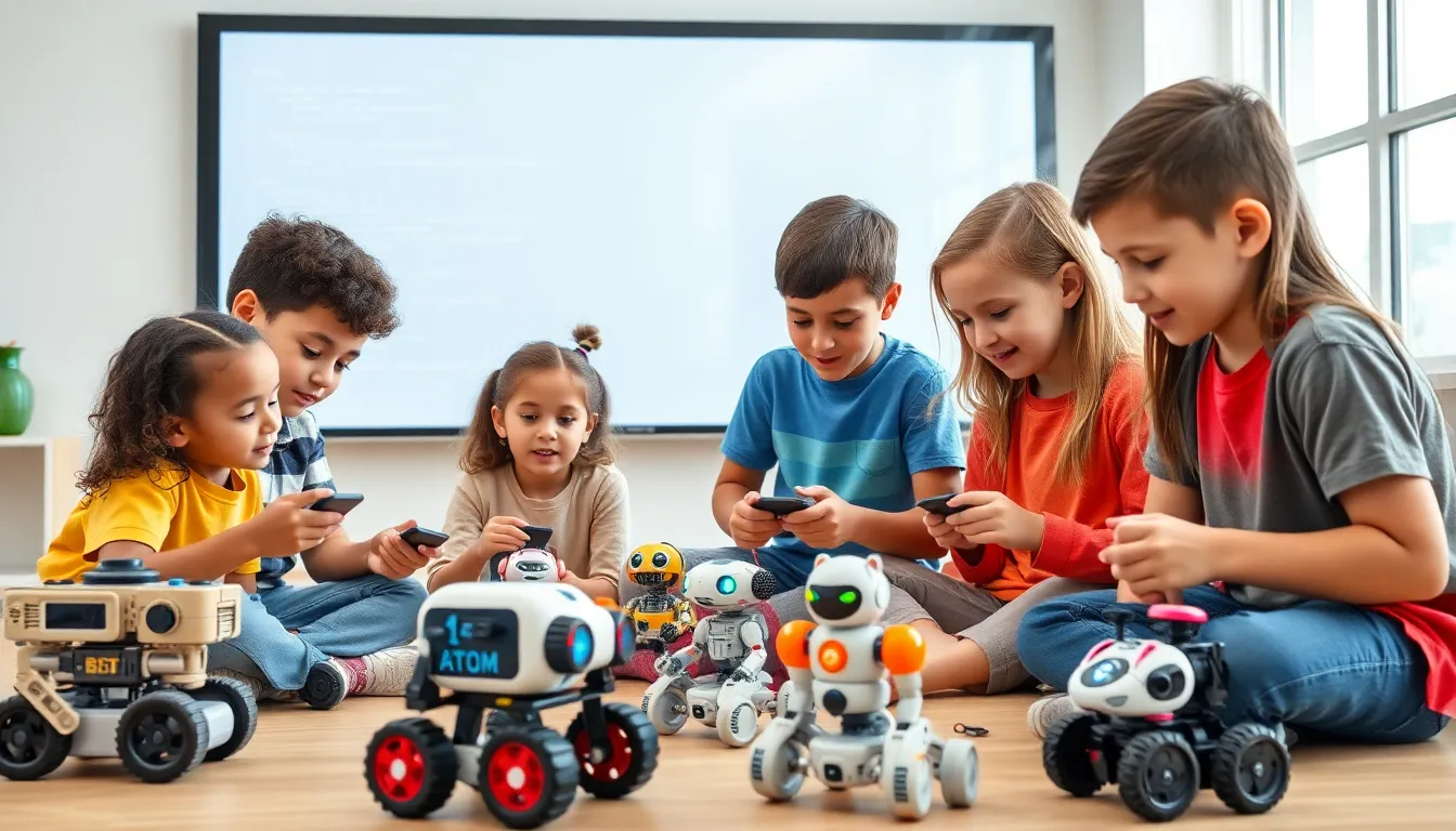 children interacting with robotics toys in a classroom setting.