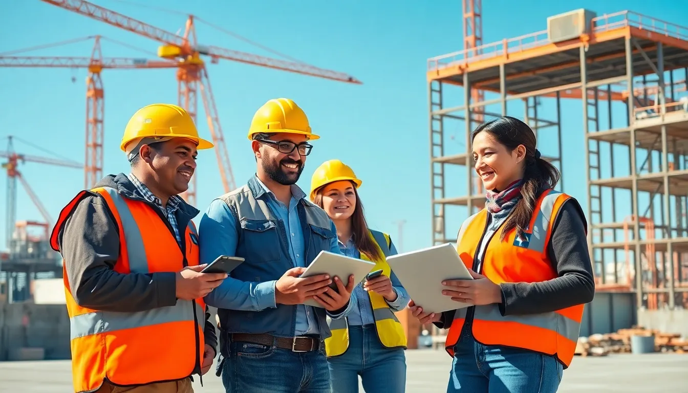 diverse workers using advanced construction wearables on a job site.