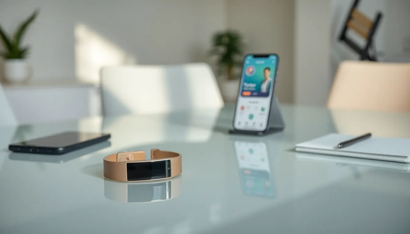 A stylish Misfit wearable on a sleek surface in a modern office.