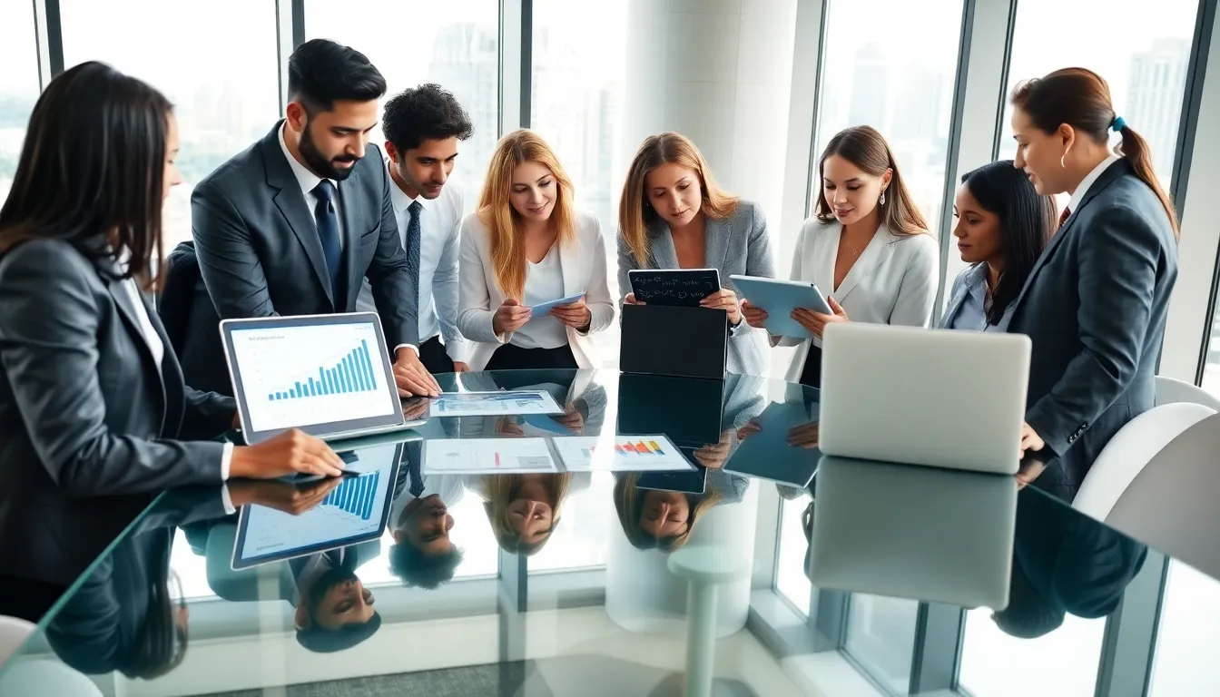 diverse professionals collaborating in a modern office on numerical analysis.